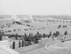 Panoramic view from Parkside House, Bell Farm Avenue, Dagenham, showing view across Central Park to Becontree Heath, and Wantz Lake (right), 1969
