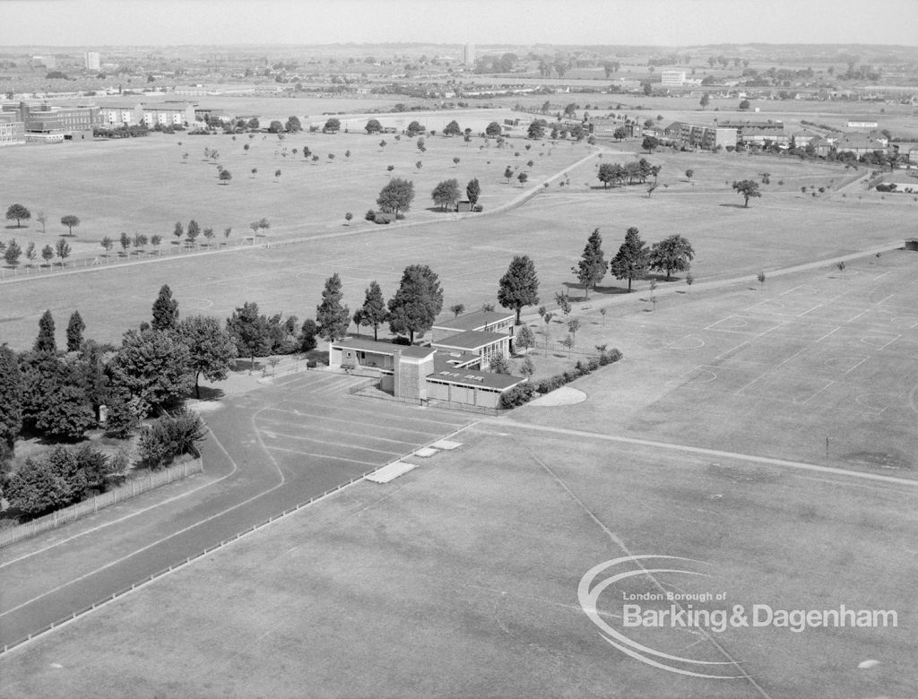 Panoramic view from Parkside House, Bell Farm Avenue, Dagenham, showing view across Central Park to Wantz Boating Lake, and Pavilion (centre), 1969