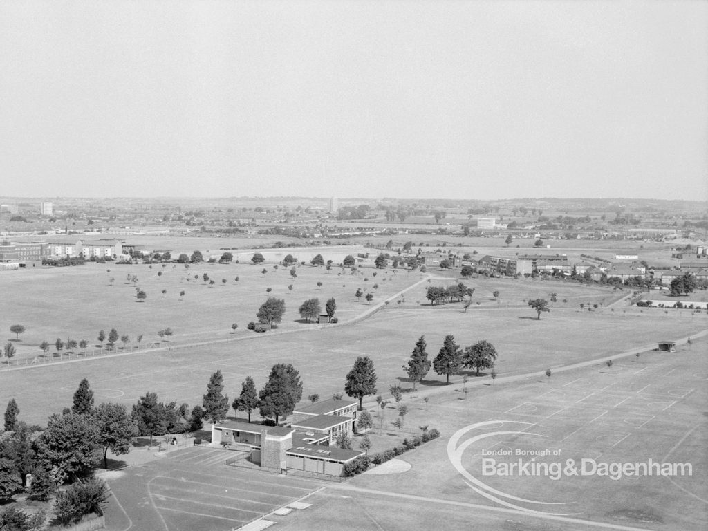 Panoramic view from Parkside House, Bell Farm Avenue, Dagenham, showing Rush Green Road (crossing centre), and Pavilion (at foot), 1969