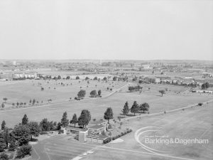 Panoramic view from Parkside House, Bell Farm Avenue, Dagenham, showing Rush Green Road (crossing centre), and Pavilion (at foot), 1969