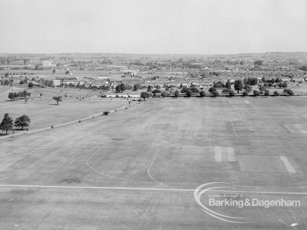 Panoramic view from Parkside House, Bell Farm Avenue, Dagenham, showing Central Park, with miniature golf course at top, 1969