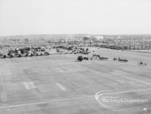 Panoramic view from Parkside House, Bell Farm Avenue, Dagenham, showing the expanse of Central Park, looking north-east to Rush Green, 1969