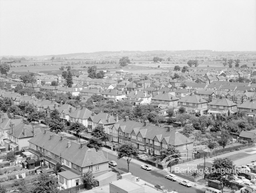 View from Asta House, Chadwell Heath, looking north-east to Warren School and Havering, with Ashton Gardens (lower left), 1969