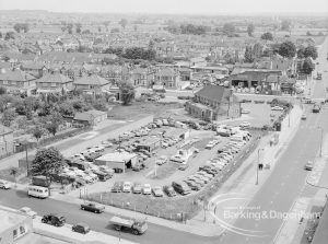 View from Asta House, Chadwell Heath, with the Tollgate Public House and car park, 1969