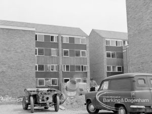 Dagenham housing development, showing Leys Avenue crossing Wellington Close, under construction at Wellington Drive estate, 1969