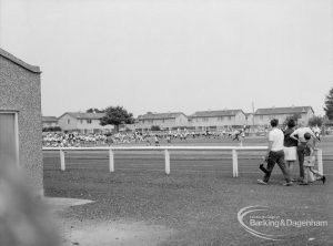 Dagenham Schools joint Sports Day in Old Dagenham Park, showing view of arena from south and spectators, 1969