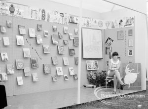 Dagenham Town Show 1969, showing Libraries stand with Arts and Crafts display and Miss P Parlour, 1969