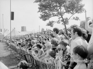 Dagenham Town Show 1969, showing section of crowd behind fence watching events in Arena, 1969
