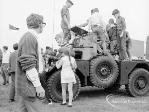 Dagenham Town Show 1969, showing children examining turret of armoured vehicle, 1969