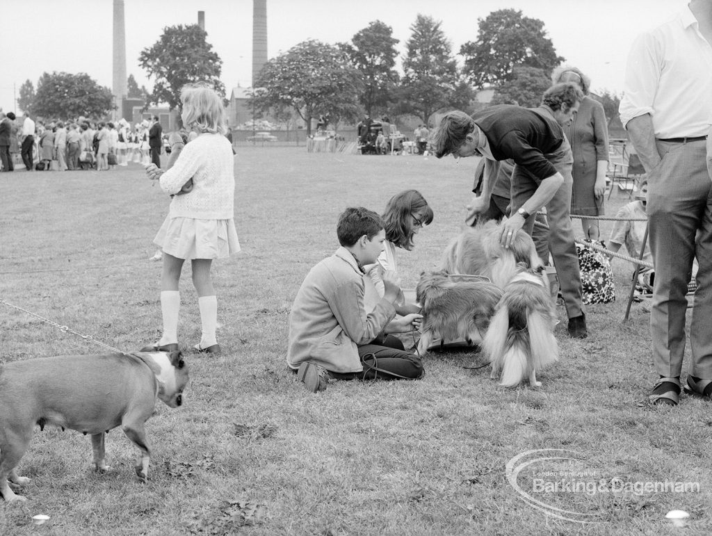 Dagenham Town Show 1969, showing children (Victor and Susan) sitting and stroking dogs at Dog Show, 1969