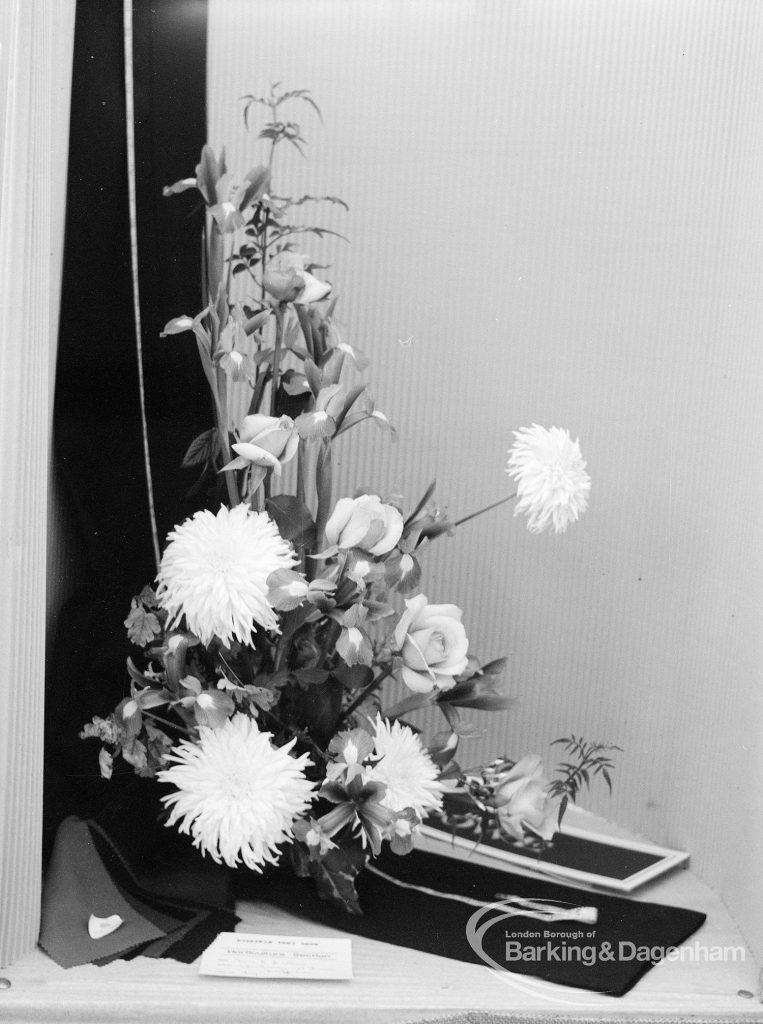 Dagenham Town Show 1969, showing exhibit of chrysanthemums in model boat in Flower Arrangement exhibition, 1969