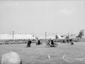 Dagenham Town Show 1969, showing motorcyclists demonstrating in main arena, 1969