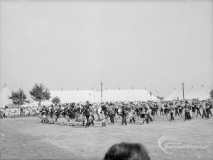 Dagenham Town Show 1969, showing large group of bandsmen lined up in arena, 1969