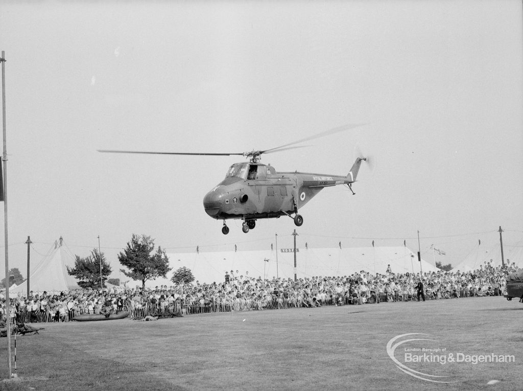 Dagenham Town Show 1969, showing helicopter about to land in arena, 1969