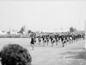 Dagenham Town Show 1969, showing girls’ band marching in arena, 1969