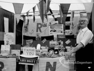 Dagenham Town Show 1969, showing the Royal National Lifeboat Association stand with secretary Mr Murphy, 1969