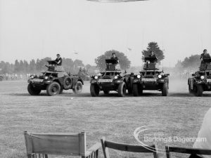 Dagenham Town Show 1969, showing soldiers in armoured vehicles approaching in line abreast, 1969