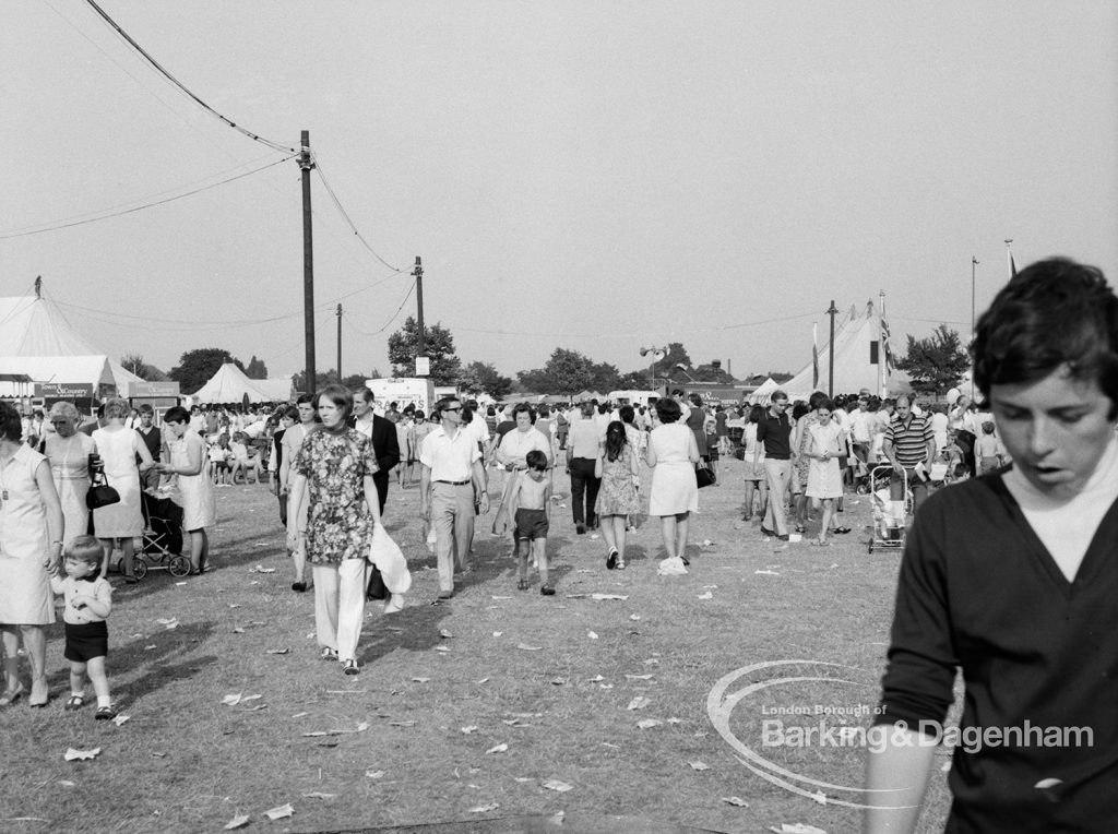 Dagenham Town Show 1969, showing visitors walking in open space, 1969