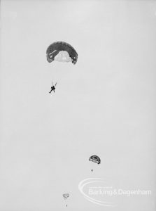 Dagenham Town Show 1969, showing parachute jumping, with three parachutists in mid-air, 1969