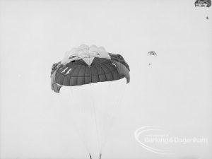 Dagenham Town Show 1969, showing parachute jumping, with a parachute and cords in mid-air and the parachutist out of shot, 1969