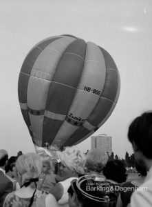 Dagenham Town Show 1969, showing hot-air balloon on ground, behind spectators in foreground, 1969