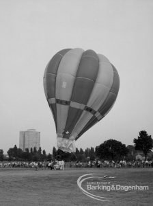 Dagenham Town Show 1969, showing hot-air balloon on ground, fully inflated and ready to go, 1969
