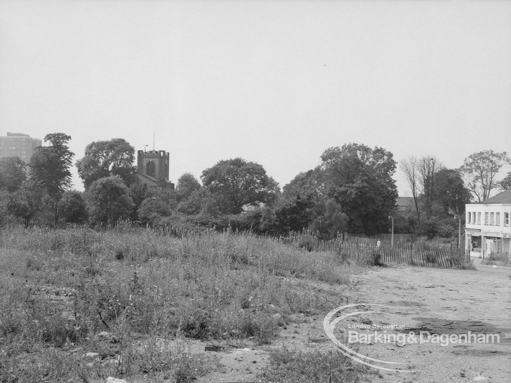 Old Dagenham Village, showing open ground with trees surrounding St Peter and St Paul’s Parish Church in background, 1969