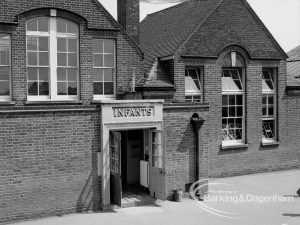 St Chad’s Infant School, Japan Road, Chadwell Heath (building ceasing to be used as school), with the school and Infants entrance from north-west, 1969