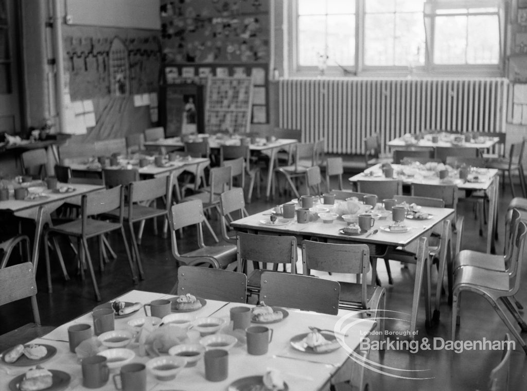 St Chad’s Infant School, Japan Road, Chadwell Heath (building ceasing to be used as school), with the empty hall laid for farewell surprise tea, 1969