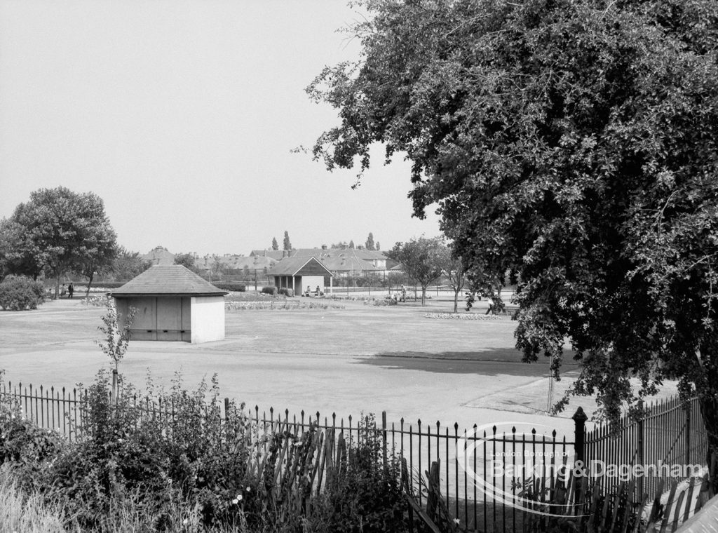 Parks, showing St Chad’s Park and shelter from extreme south-west of St Chad’s Infant School, Japan Road, Chadwell Heath, also showing trees near school, 1969