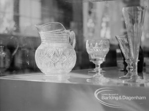 Victoria and Albert Art of Glass exhibition at Rectory Library, Dagenham, showing engraved jug, wine glass, et cetera, 1969