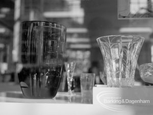 Victoria and Albert Art of Glass exhibition at Rectory Library, Dagenham, showing coloured vase and clear glasses, 1969
