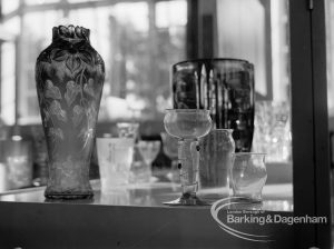 Victoria and Albert Art of Glass exhibition at Rectory Library, Dagenham, showing high shouldered vase and wine glasses, 1969