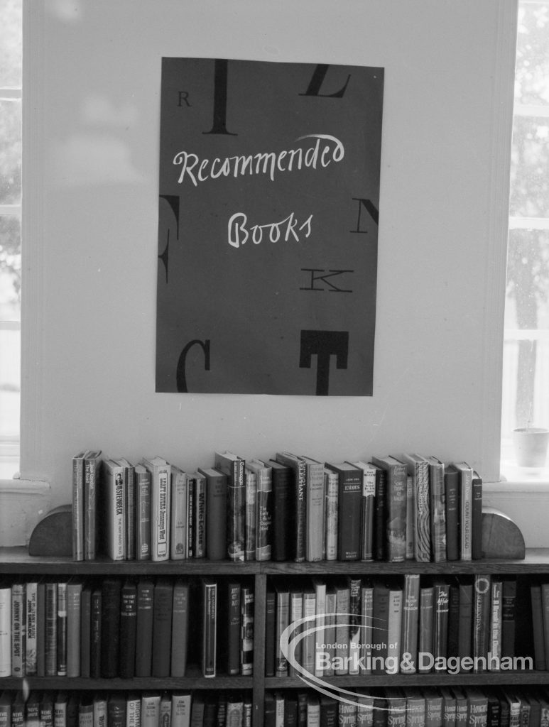 London Borough of Barking, Rectory Library, Dagenham, showing ‘Recommended Books’ poster by Egbert Smart on wall, 1969