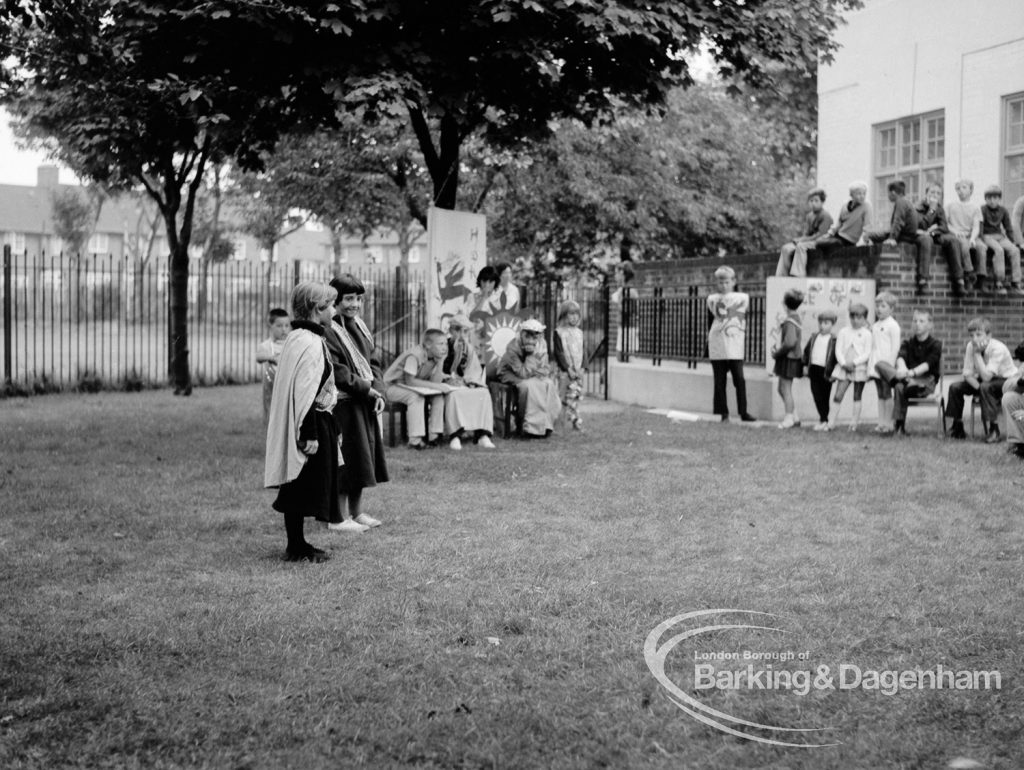 Rectory Library, Dagenham production of ‘The Price of Wisdom’ in grounds of library, produced by Mrs Jean Hickman, showing view of entire cast, 1969