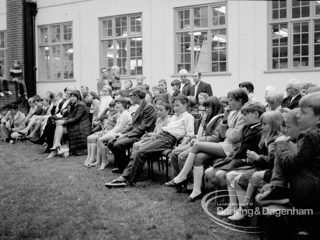 Rectory Library, Dagenham production of ‘The Price of Wisdom’ in grounds of library, produced by Mrs Jean Hickman, showing almost entire audience, 1969