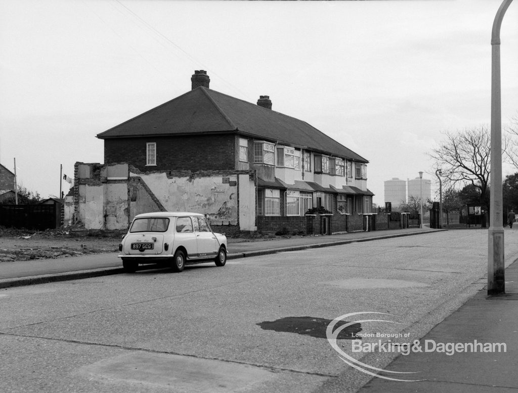 Housing development in Vicarage Road, Dagenham, showing mixed styles and demolition of housing, 1969