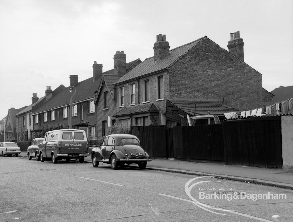 Housing development, showing partly demolished houses on the east side, north and between the ‘villas’ at the south end of Vicarage Road, Dagenham, 1969