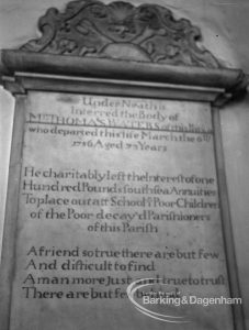Memorial to Thomas Waters on the north side of the nave of St Peter and St Paul’s Parish Church, Dagenham, 1970