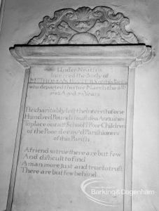 Memorial to Thomas Waters on the north side of the nave of St Peter and St Paul’s Parish Church, Dagenham, 1970