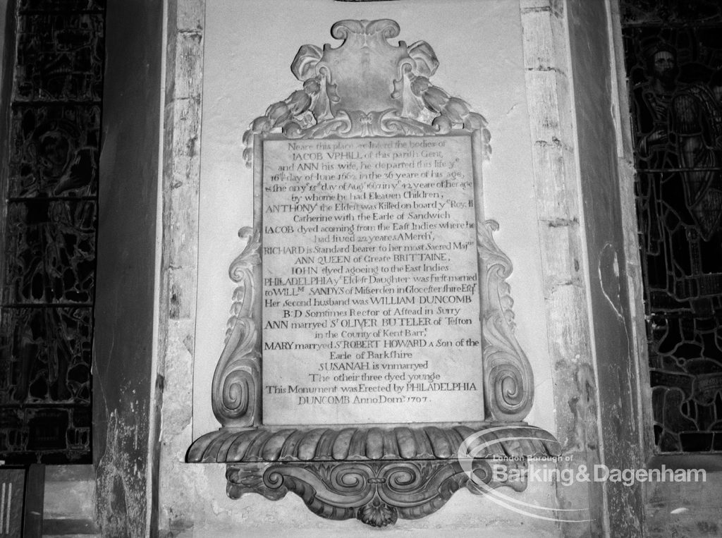 Memorial to the Uphill family in St Peter and St Paul’s Parish Church, Dagenham, 1970