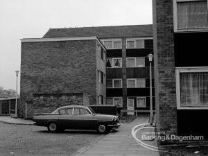 Close building of different styles of housing on the Wellington Drive estate, Dagenham, 1970