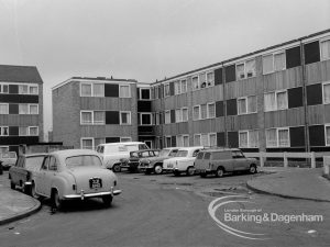 Car parking area amongst the housing on the Wellington Drive estate, Dagenham, 1970