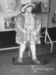 Barking Libraries Children’s Book Week at Valence House, Dagenham, showing  King Henry VIII cutout in front of book display, 1970