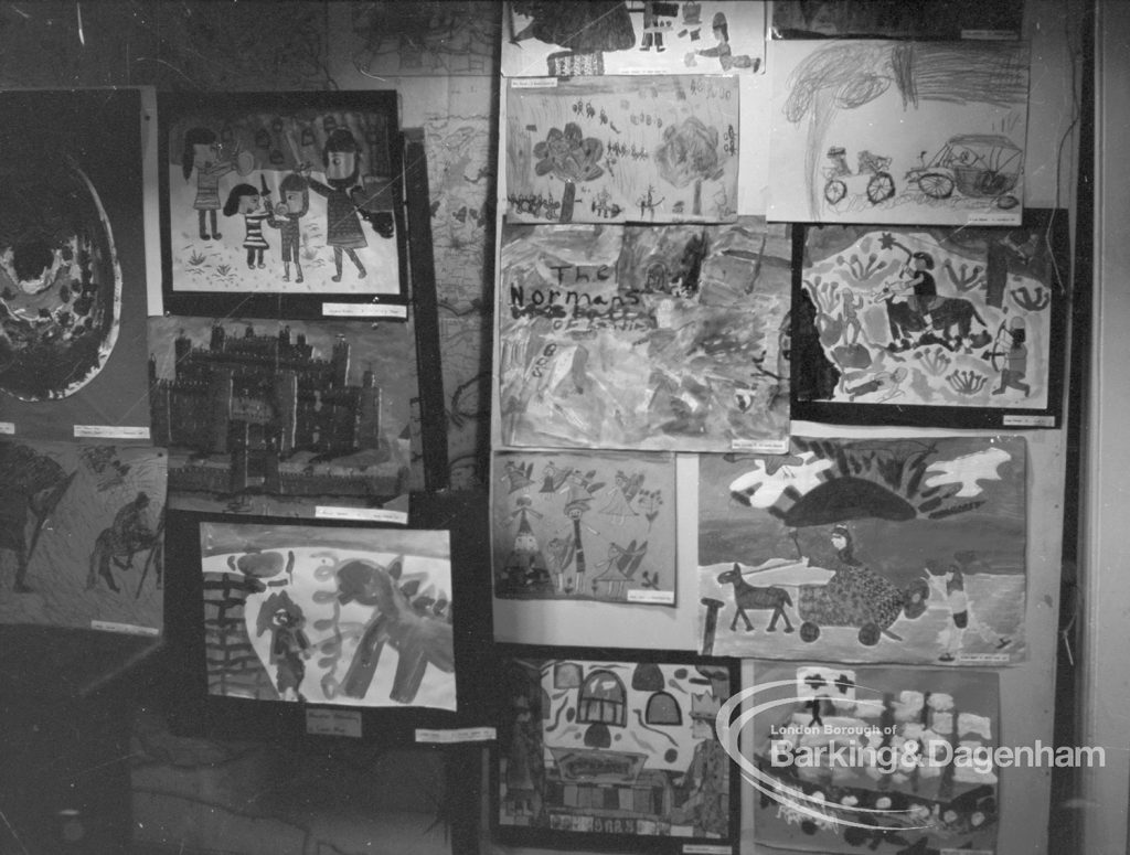 Barking Libraries Children’s Book Week at Valence House, Dagenham, showing display of children’s artwork for a library competition, 1970