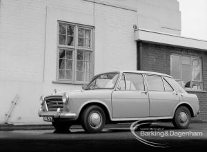 Miss H Godfrey’s car outside staff room at Rectory Library, Dagenham, 1970
