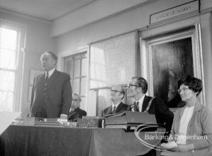 Barking and Dagenham Chamber of Trade and Industry showing an official speaking in Museum Room, Valence House, Dagenham, 1970