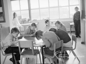 New William Bellamy Primary School, Becontree Heath, showing classroom with six children seated around table and working, 1970