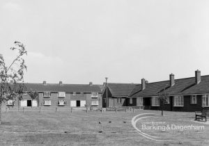 Mayesbrook housing development showing bedsitters and bungalows across Green, in Bevan Avenue, Barking, 1970