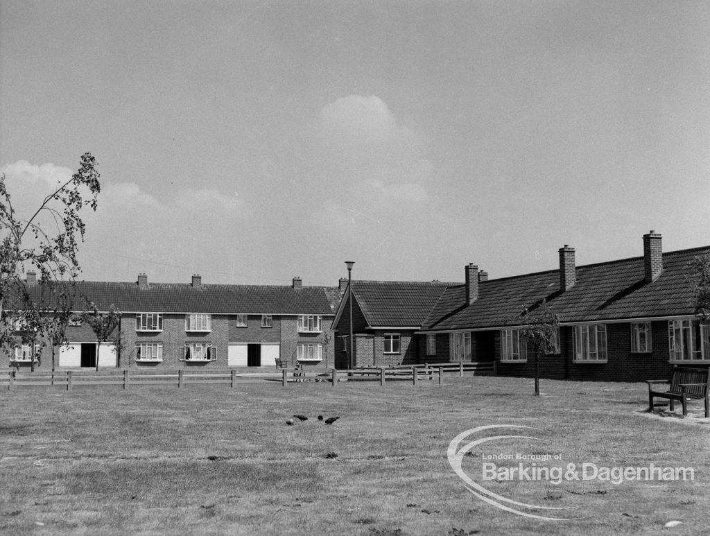 Mayesbrook housing development showing bedsitters and bungalows across Green, in Bevan Avenue, Barking, 1970